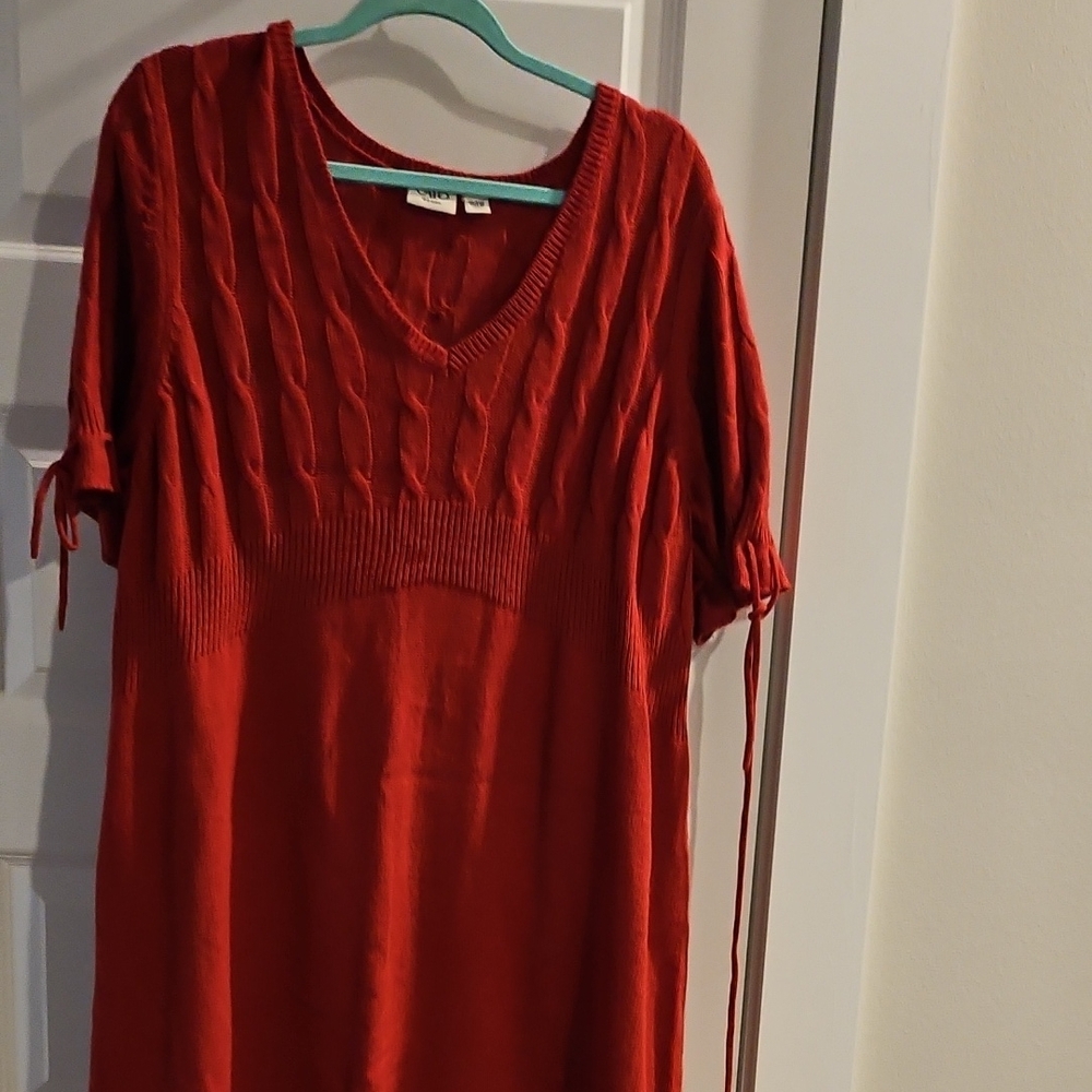 Red V-Neck Cable Knit Sweater Dress